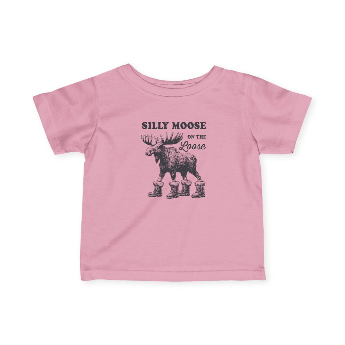 Pink Silly Moose On The Loose vintage moose baby t-shirt, front view