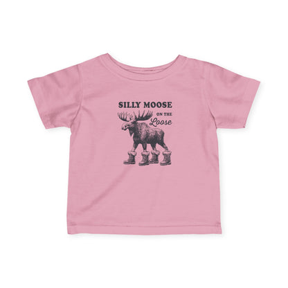 Pink Silly Moose On The Loose vintage moose baby t-shirt, front view