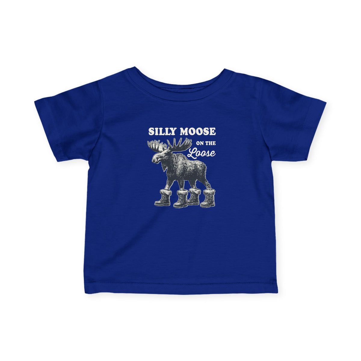 Royal Silly Moose On The Loose vintage moose baby t-shirt, front view