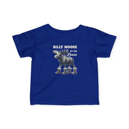 Royal Silly Moose On The Loose vintage moose baby t-shirt, front view