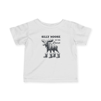 White Silly Moose On The Loose vintage moose baby t-shirt, front view