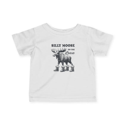 White Silly Moose On The Loose vintage moose baby t-shirt, front view