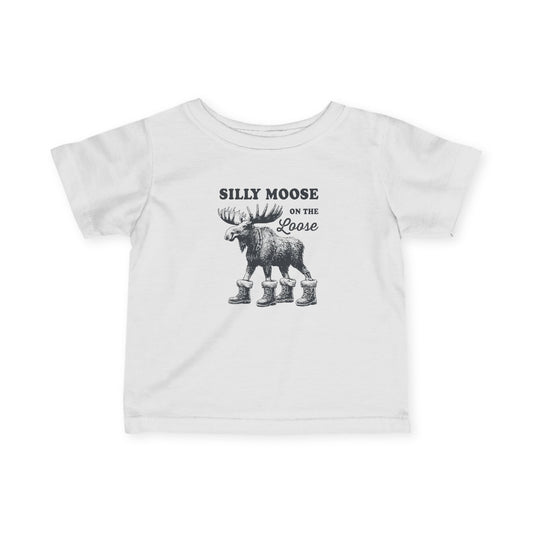 White Silly Moose On The Loose vintage moose baby t-shirt, front view