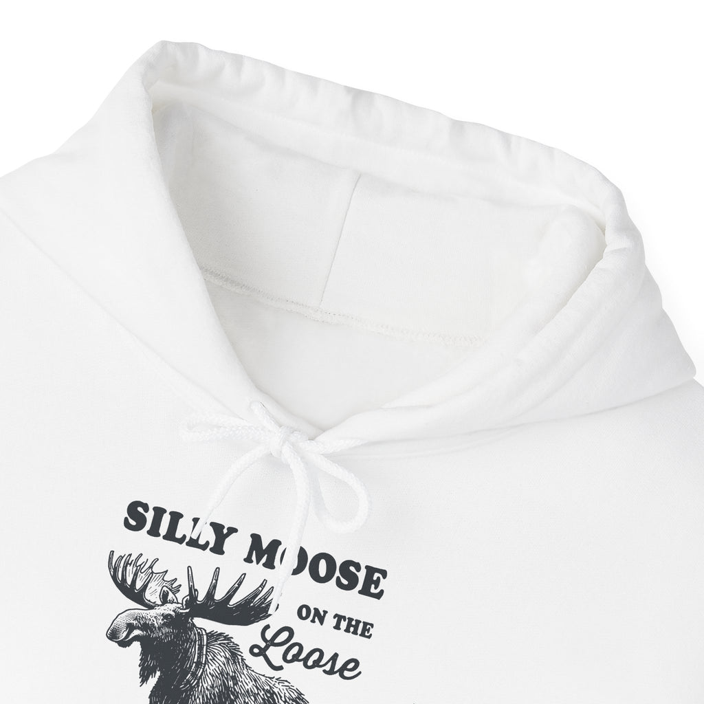 Silly Moose On The Loose vintage moose hoodie, hood and print detail
