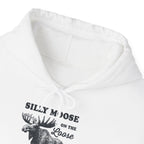 Silly Moose On The Loose vintage moose hoodie, hood and print detail