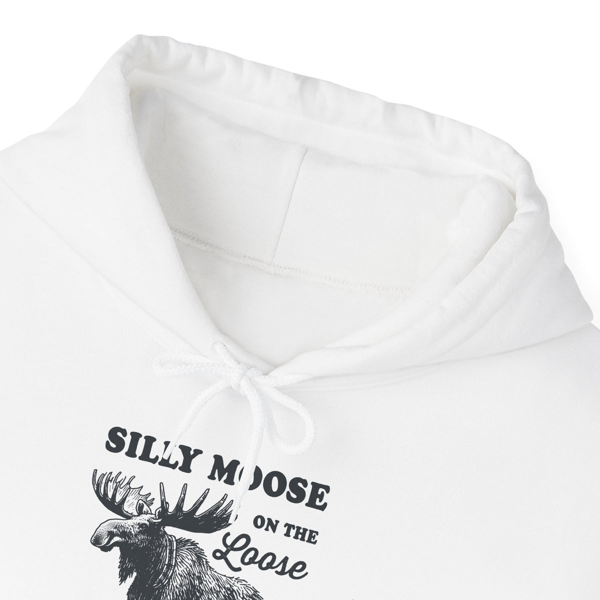 Silly Moose On The Loose vintage moose hoodie, hood and print detail