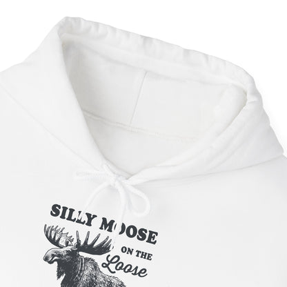 Silly Moose On The Loose vintage moose hoodie, hood and print detail