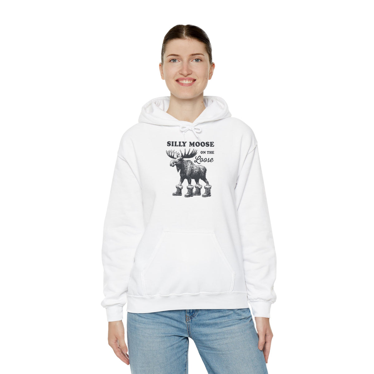 Woman wearing the Silly Moose On The Loose vintage moose hoodie