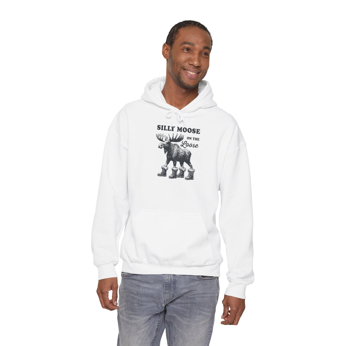 Man wearing the Silly Moose On The Loose vintage moose hoodie