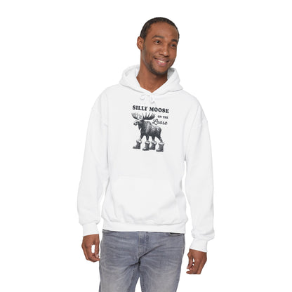 Man wearing the Silly Moose On The Loose vintage moose hoodie