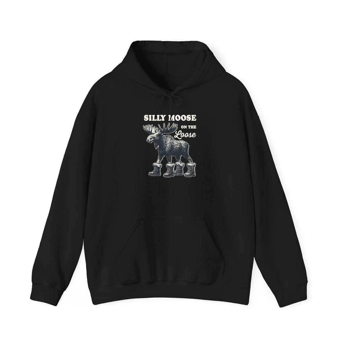 Black Silly Moose On The Loose vintage moose hoodie, front view