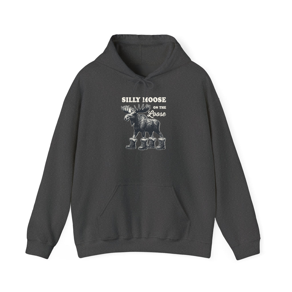 Dark Heather Silly Moose On The Loose vintage moose hoodie, front view