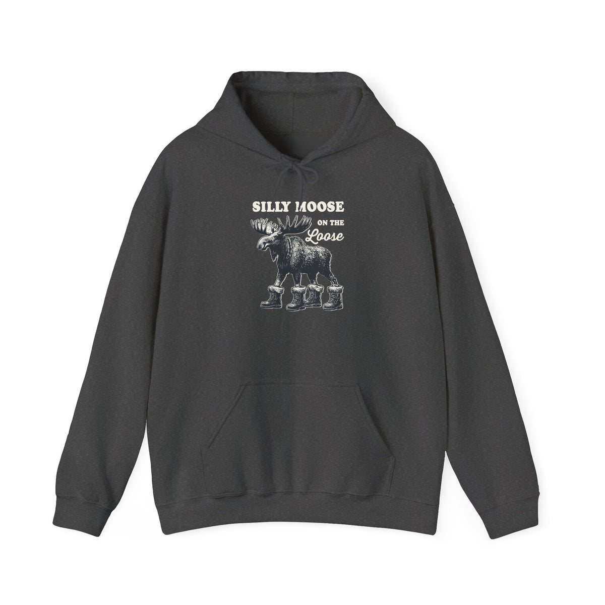 Dark Heather Silly Moose On The Loose vintage moose hoodie, front view