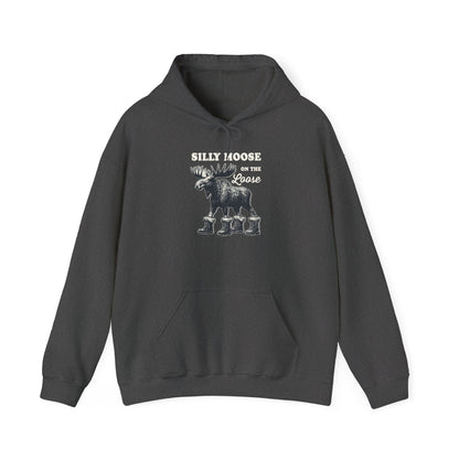 Dark Heather Silly Moose On The Loose vintage moose hoodie, front view