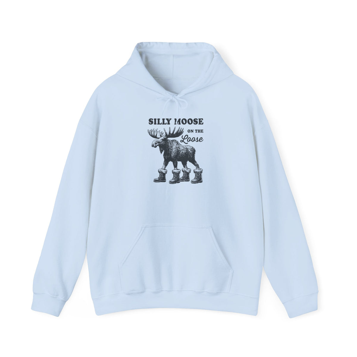 Light Blue Silly Moose On The Loose vintage moose hoodie, front view