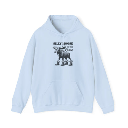Light Blue Silly Moose On The Loose vintage moose hoodie, front view