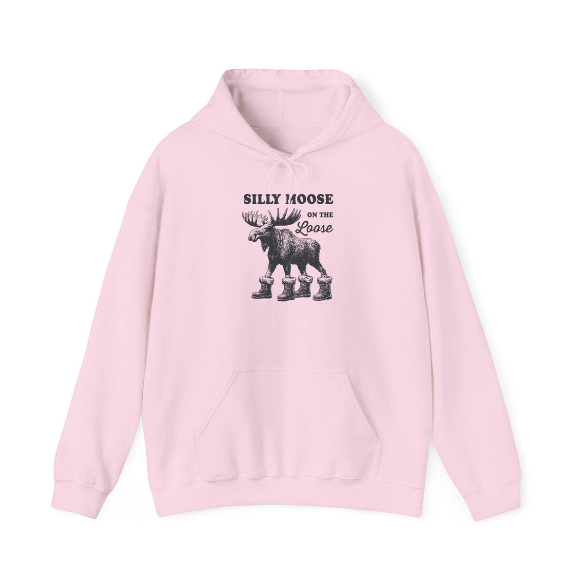 Light Pink Silly Moose On The Loose vintage moose hoodie, front view