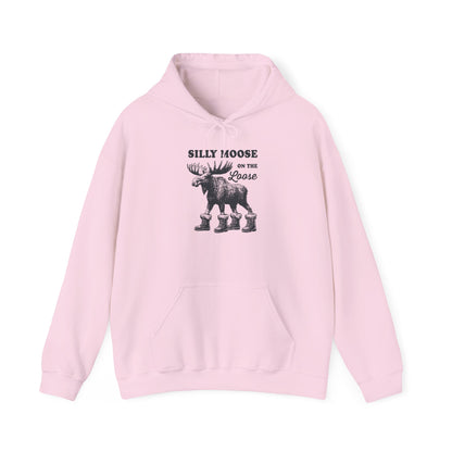 Light Pink Silly Moose On The Loose vintage moose hoodie, front view