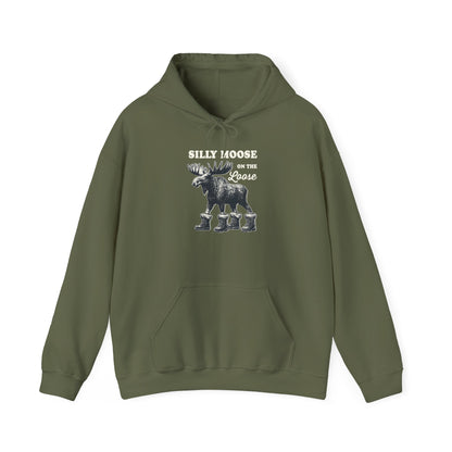Military Green Silly Moose On The Loose vintage moose hoodie, front view