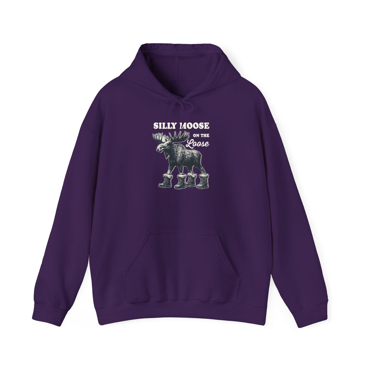 Purple Silly Moose On The Loose vintage moose hoodie, front view