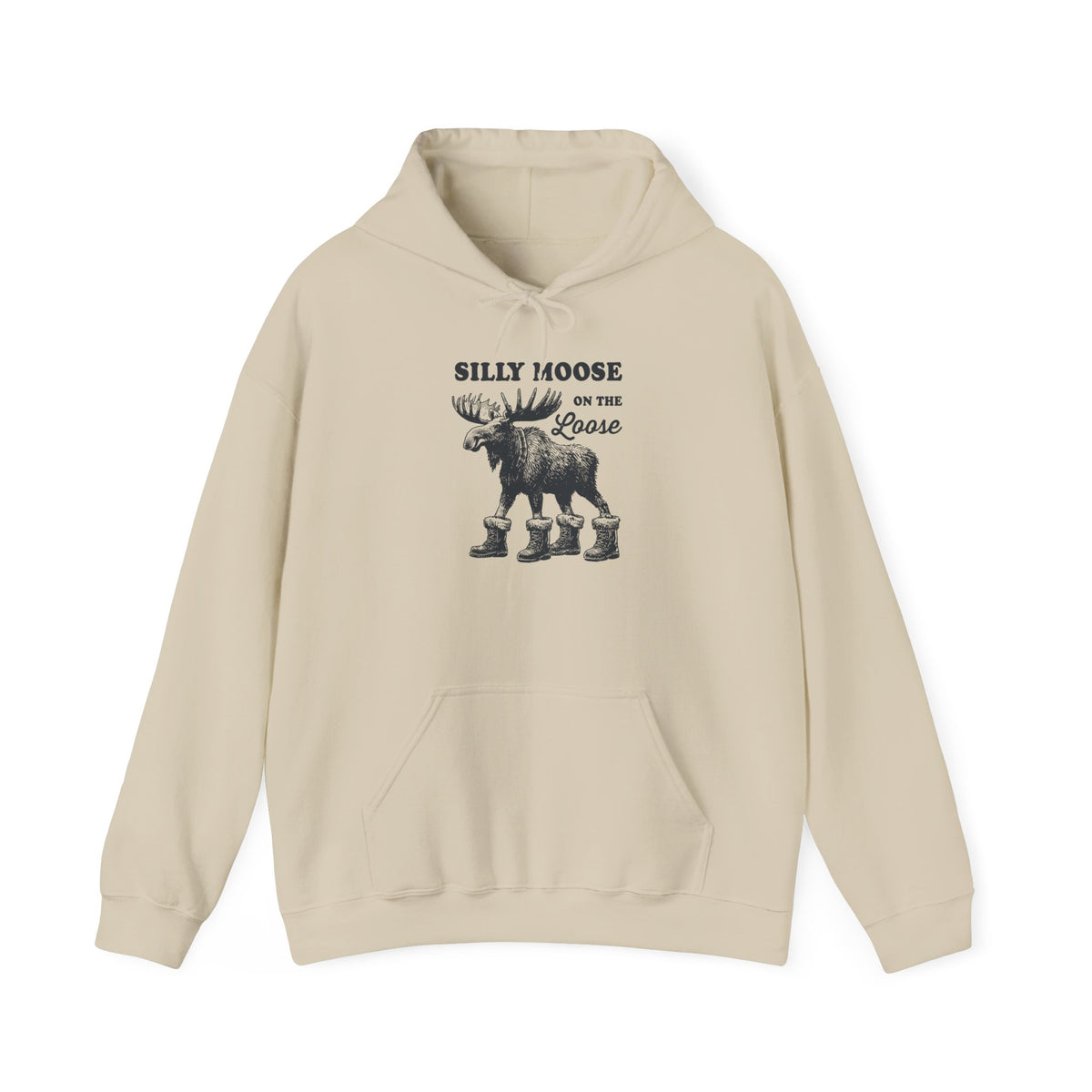 Sand Silly Moose On The Loose vintage moose hoodie, front view