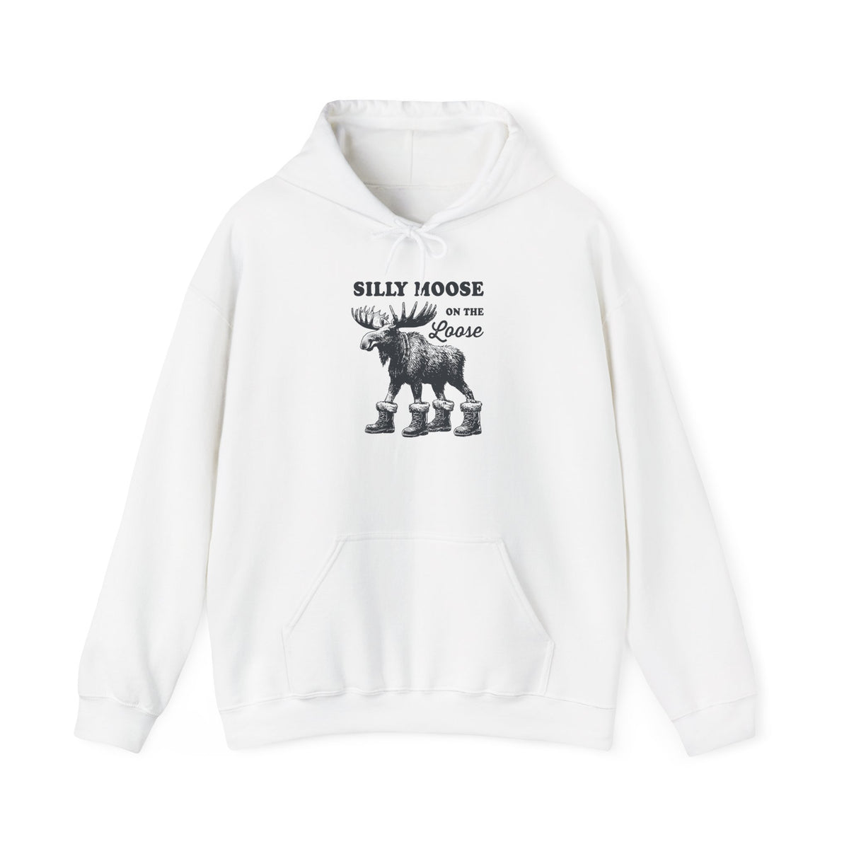 White Silly Moose On The Loose vintage moose hoodie, front view