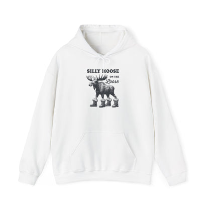 White Silly Moose On The Loose vintage moose hoodie, front view