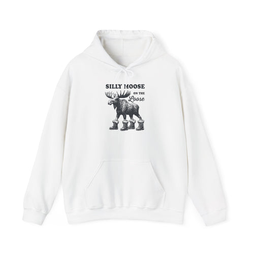 White Silly Moose On The Loose vintage moose hoodie, front view