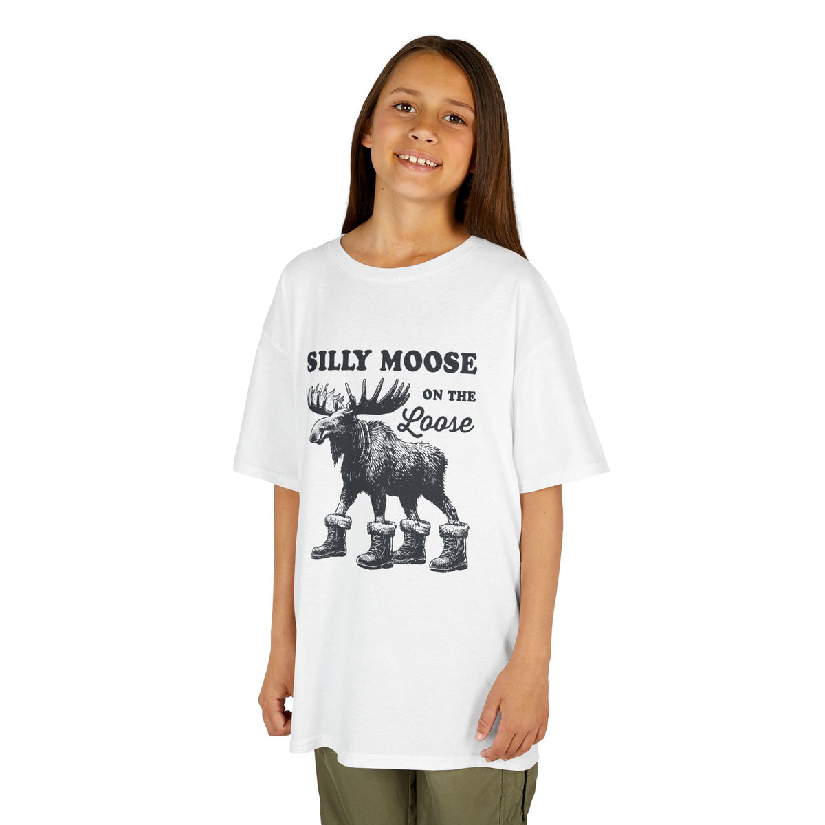 Girl wearing the Silly Moose On The Loose vintage moose kids t-shirt