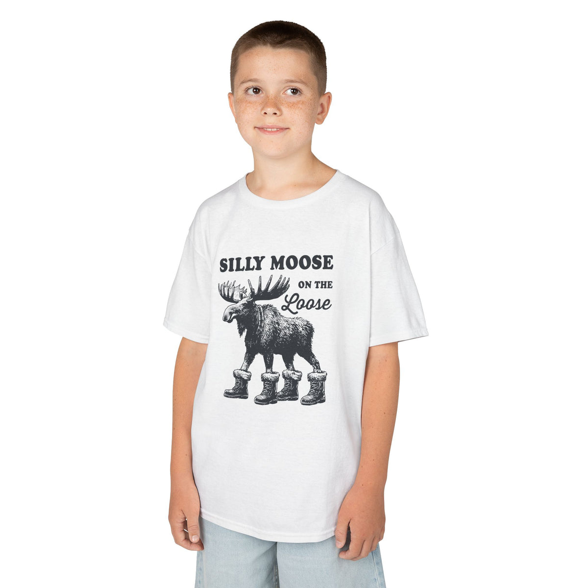 Boy wearing the Silly Moose On The Loose vintage moose kids t-shirt