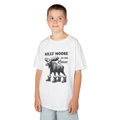 Boy wearing the Silly Moose On The Loose vintage moose kids t-shirt