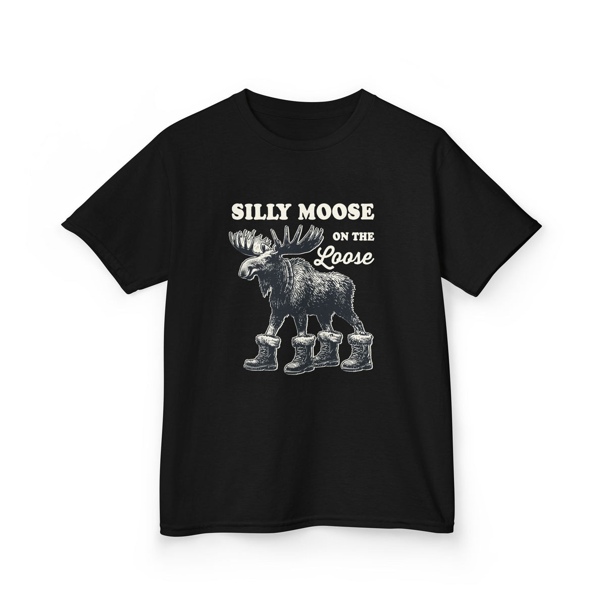 Black Silly Moose On The Loose vintage moose kids t-shirt, front view
