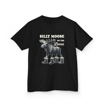 Black Silly Moose On The Loose vintage moose kids t-shirt, front view
