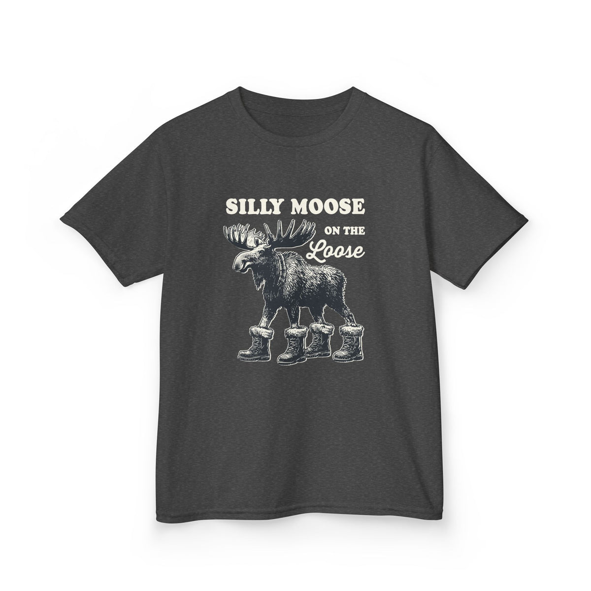 Dark Heather Silly Moose On The Loose vintage moose kids t-shirt, front view