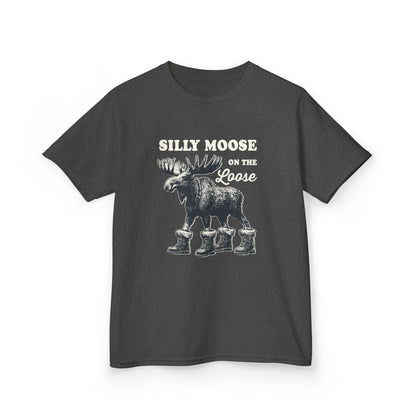 Dark Heather Silly Moose On The Loose vintage moose kids t-shirt, front view