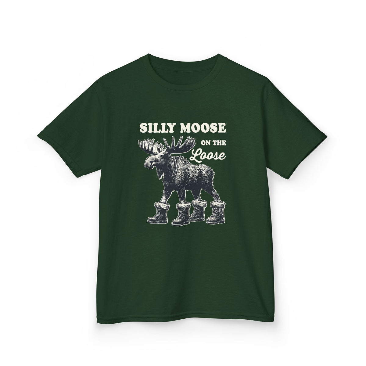 Forest Green Silly Moose On The Loose vintage moose kids t-shirt, front view