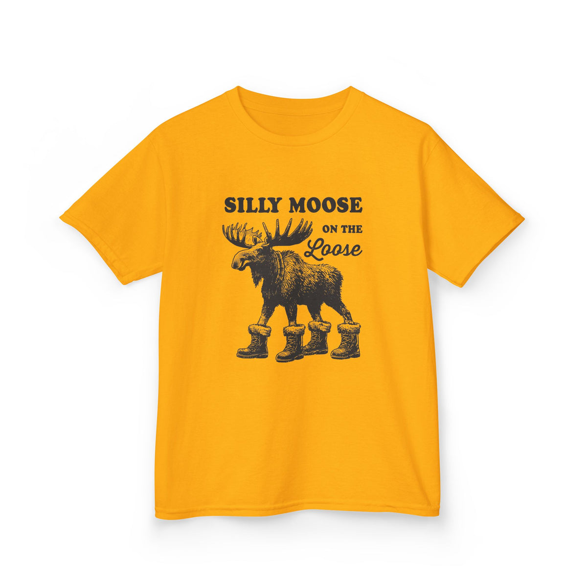 Gold Silly Moose On The Loose vintage moose kids t-shirt, front view