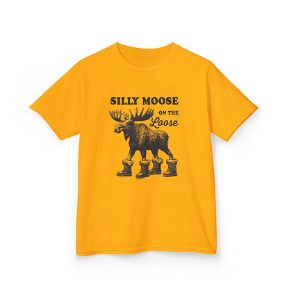 Gold Silly Moose On The Loose vintage moose kids t-shirt, front view