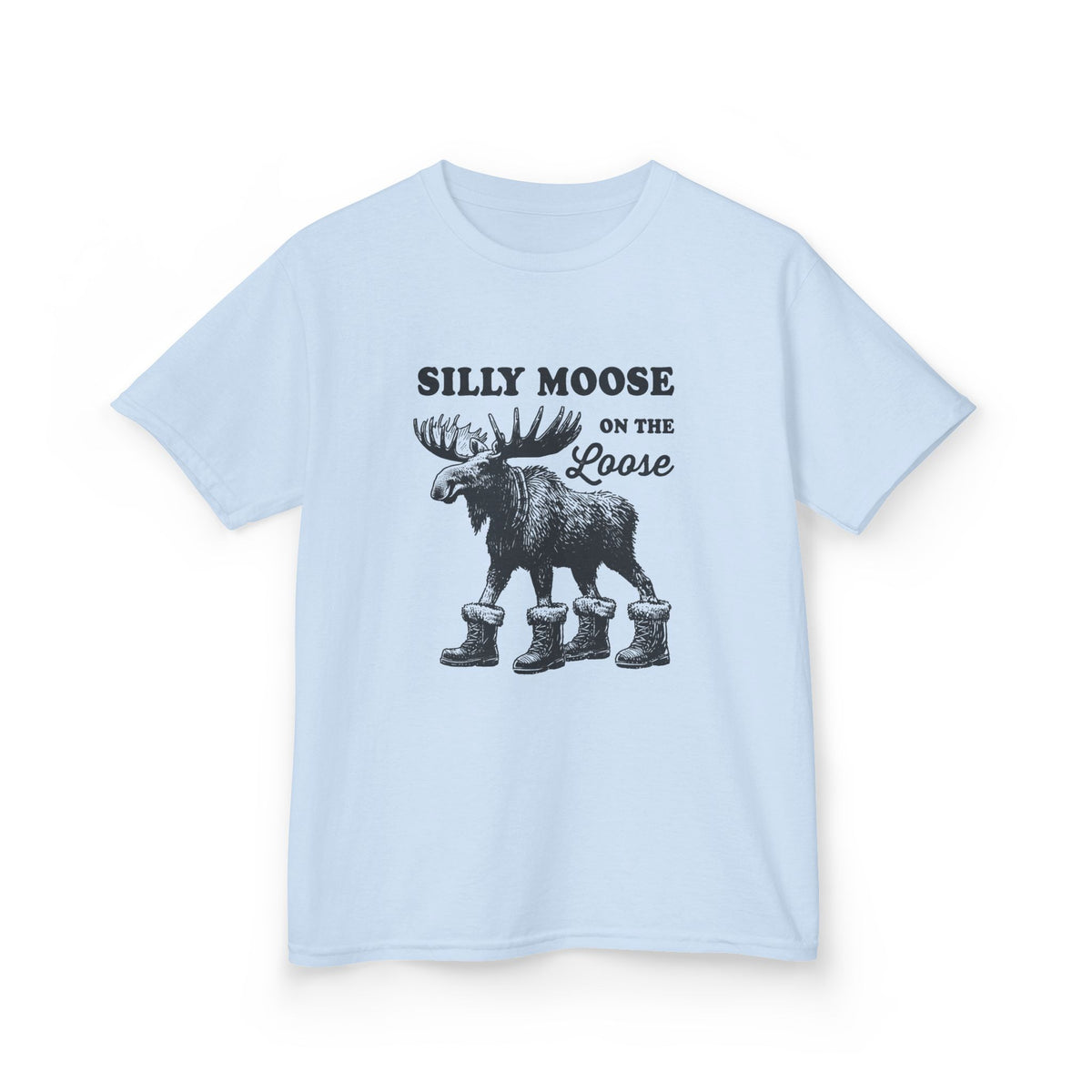 Light Blue Silly Moose On The Loose vintage moose kids t-shirt, front view