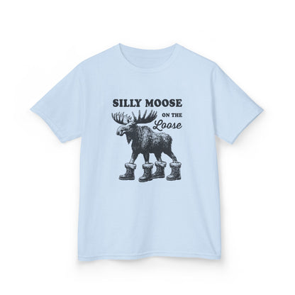 Light Blue Silly Moose On The Loose vintage moose kids t-shirt, front view