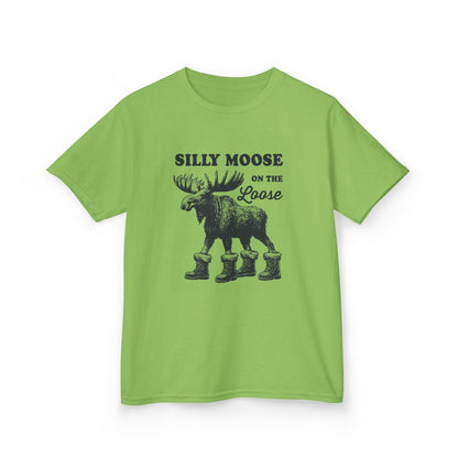 Lime Silly Moose On The Loose vintage moose kids t-shirt, front view