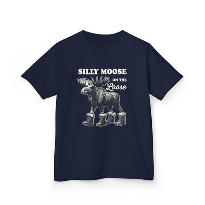 Navy Silly Moose On The Loose vintage moose kids t-shirt, front view
