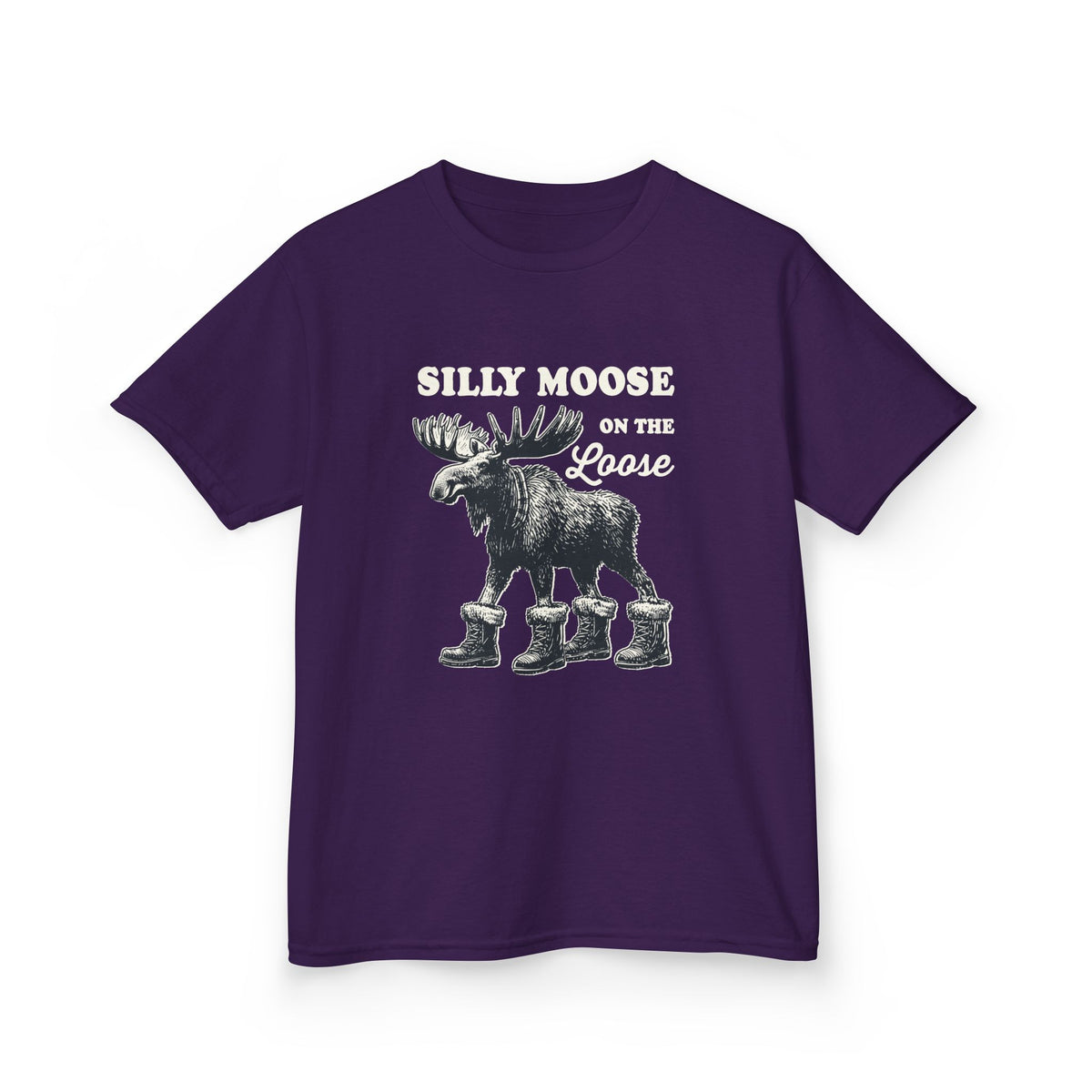 Purple Silly Moose On The Loose vintage moose kids t-shirt, front view