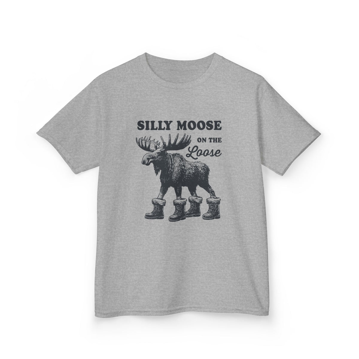 Sport Grey Silly Moose On The Loose vintage moose kids t-shirt, front view