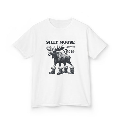 White Silly Moose On The Loose vintage moose kids t-shirt, front view