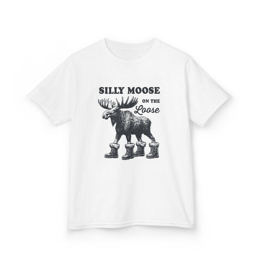 White Silly Moose On The Loose vintage moose kids t-shirt, front view