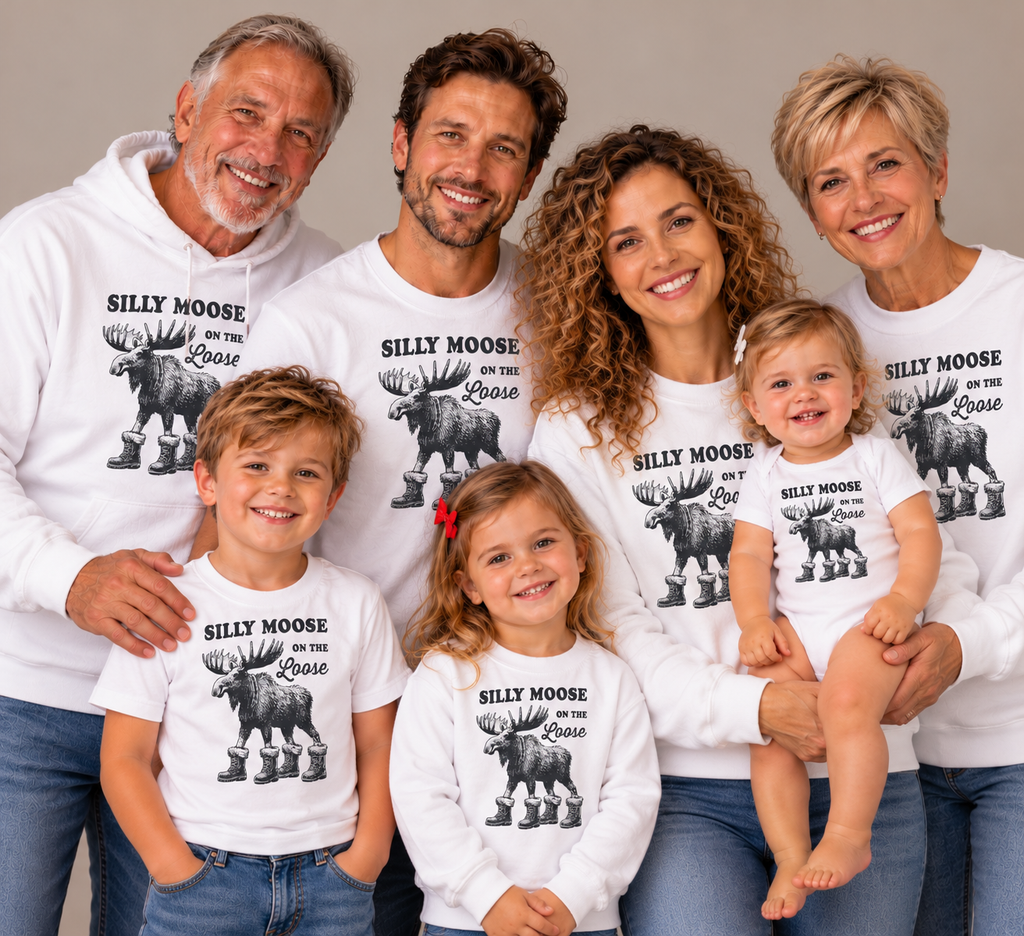Three generations wearing matching Silly Moose On The Loose hoodies, sweatshirts, t-shirts and a baby bodysuit
