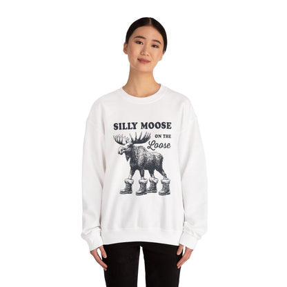 Woman wearing the Silly Moose On The Loose vintage moose sweatshirt, front view