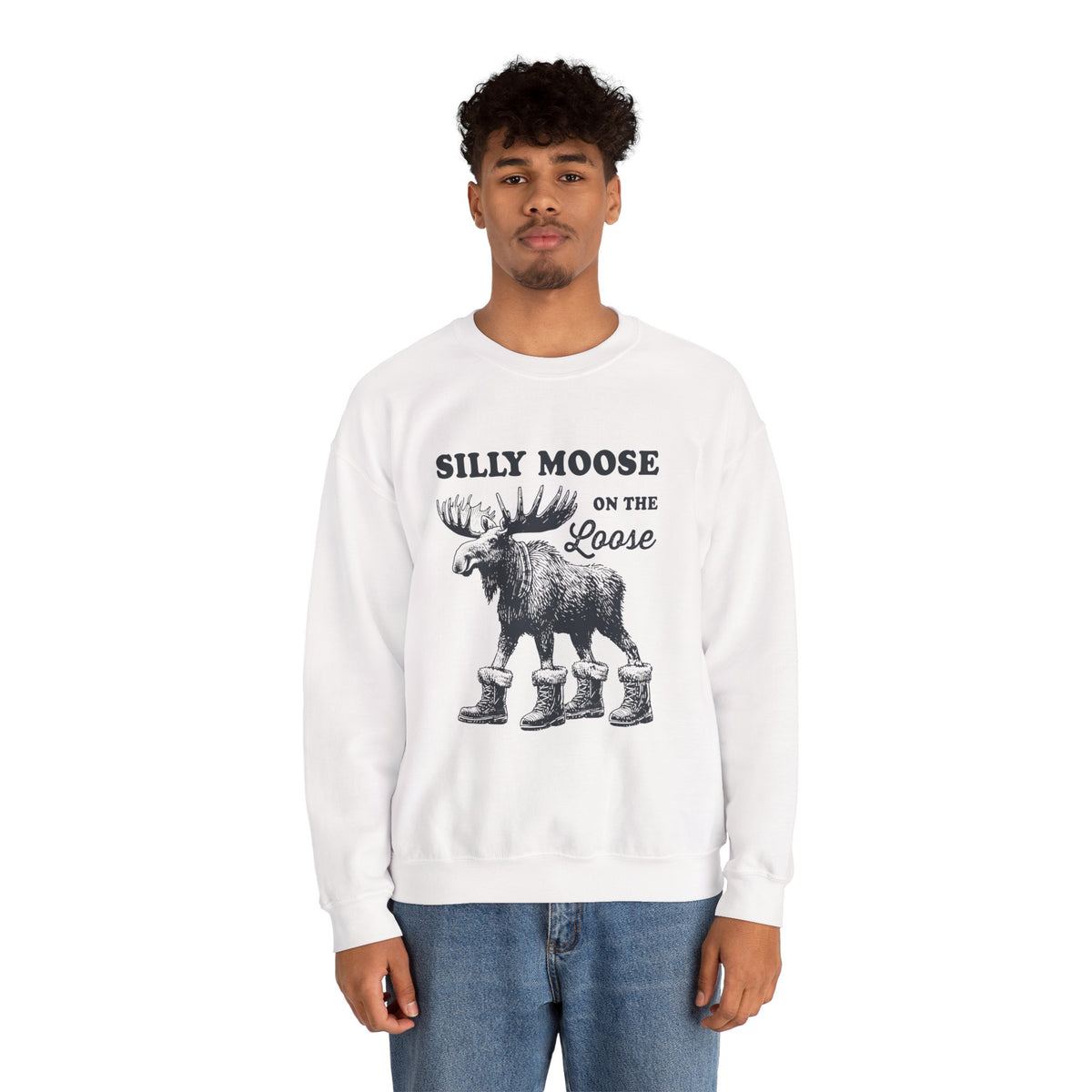 Woman wearing the Silly Moose On The Loose vintage moose sweatshirt, side view