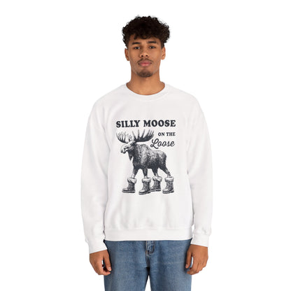 Woman wearing the Silly Moose On The Loose vintage moose sweatshirt, side view